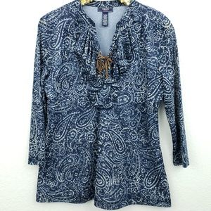Chaps Size XL navy paisley ruffled neckline